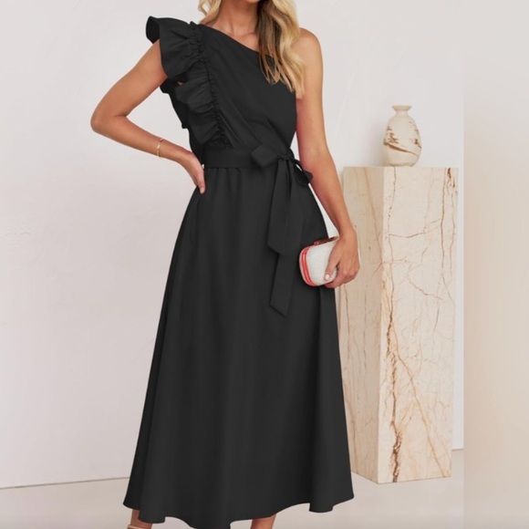ZESICA Black One Shoulder Ruffle 2024 Empire Waist Boho Flowy Maxi Dress S NWT - Picture 2 of 11